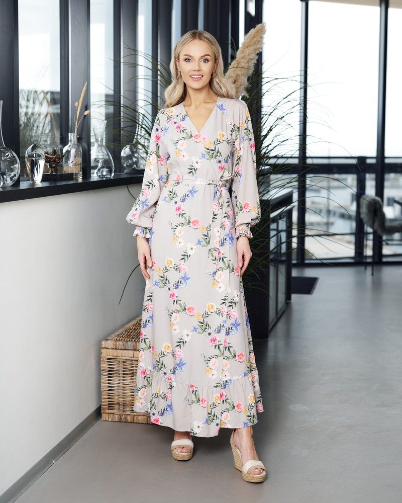 WRAP LONG DRESS FLOWER GREY
