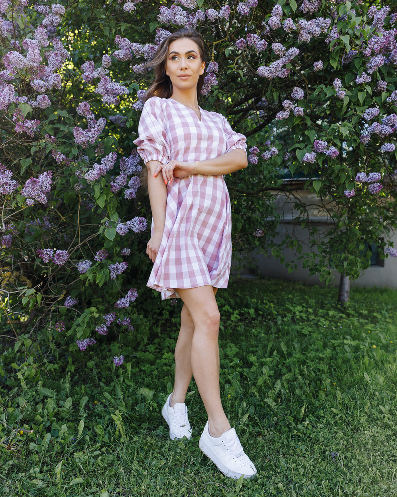 CHEQUERED PUFF CIRCLE DRESS MAUVE