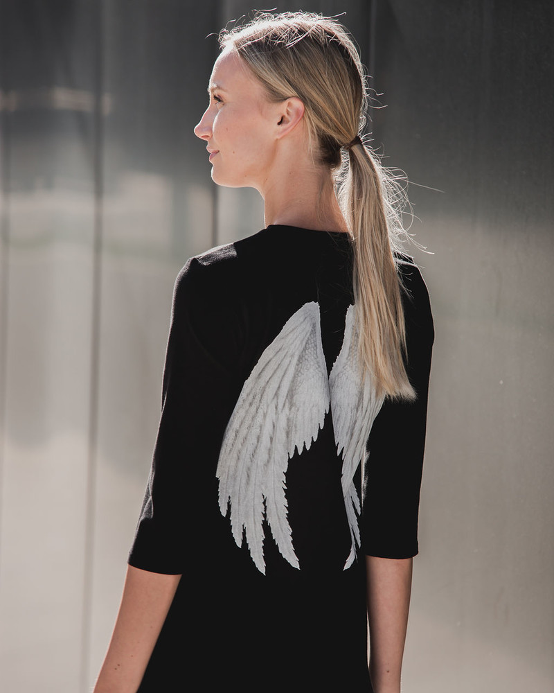 ANGEL PRINT FRILL DRESS BLACK