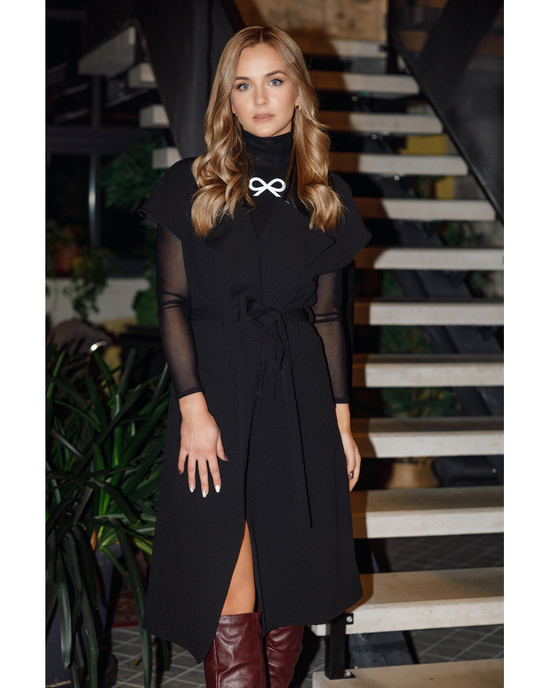 LEATHER COLLAR WRAP MIDI DRESS BLACK