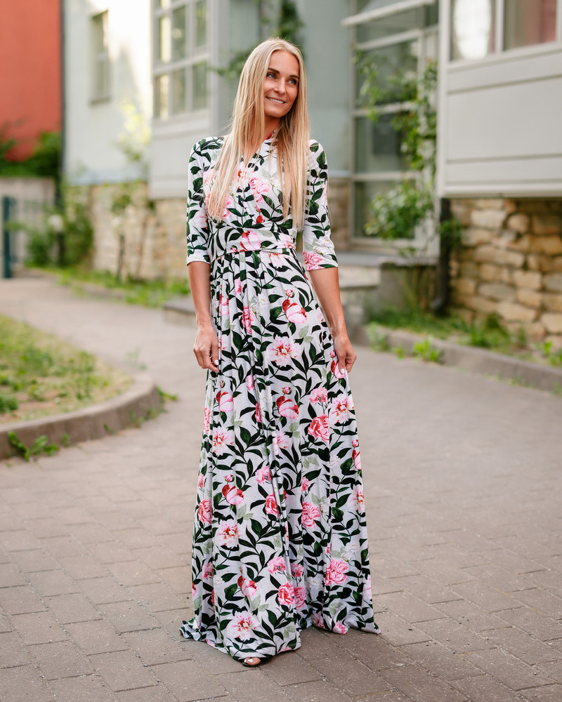 PINK PEONY MAXI ELEGANT DRESS AQUA