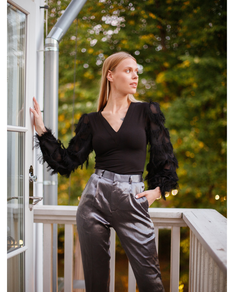 FRINGE LONG SLEEVES V-NECK SHIRT BLACK