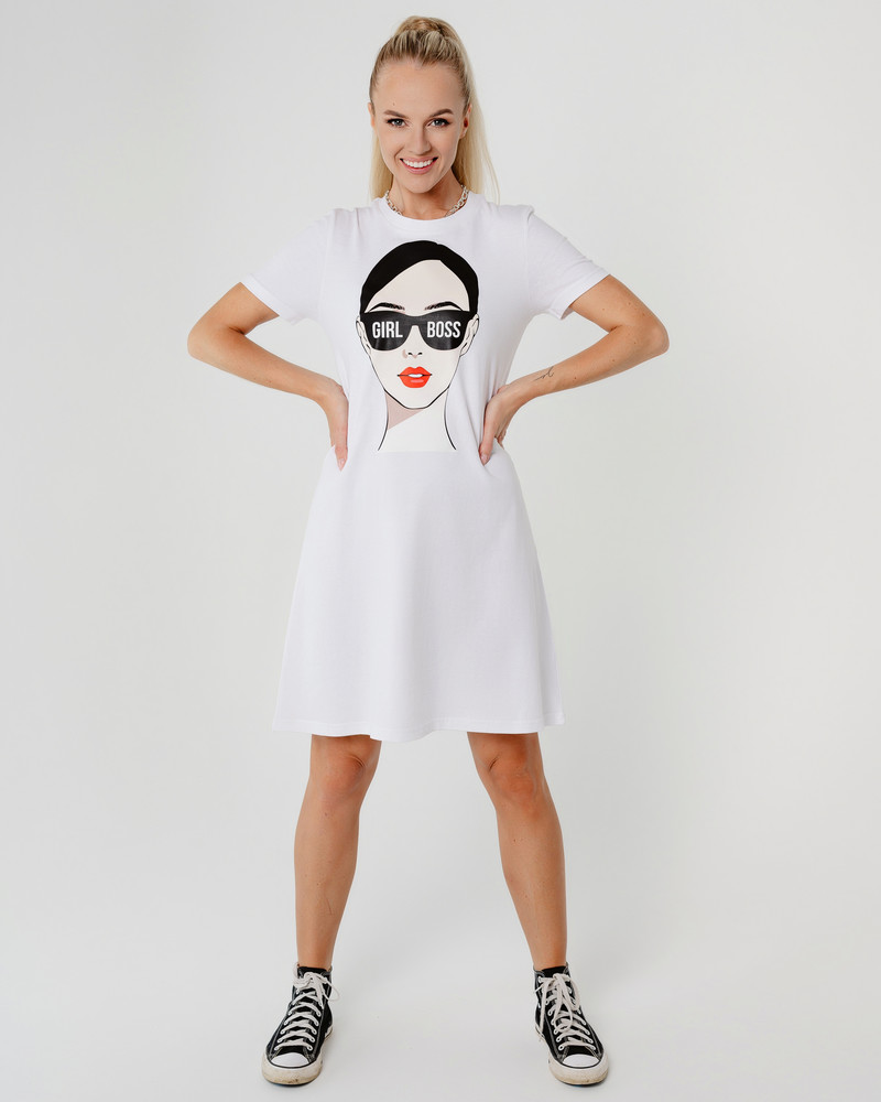 GIRL BOSS PRINT DRESS WHITE