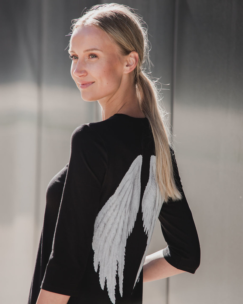 ANGEL PRINT FRILL DRESS BLACK
