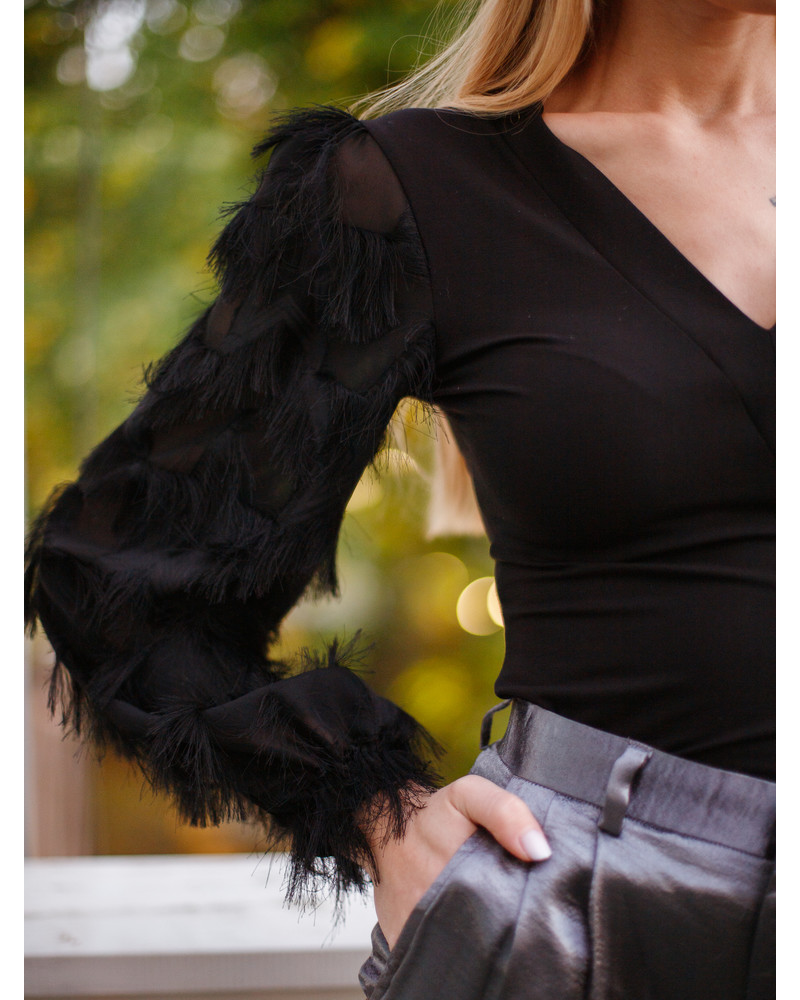 FRINGE LONG SLEEVES V-NECK SHIRT BLACK