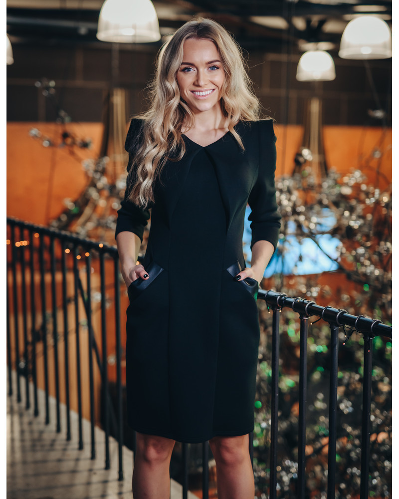LEATHER DETAIL SOFT DRESS BLACK