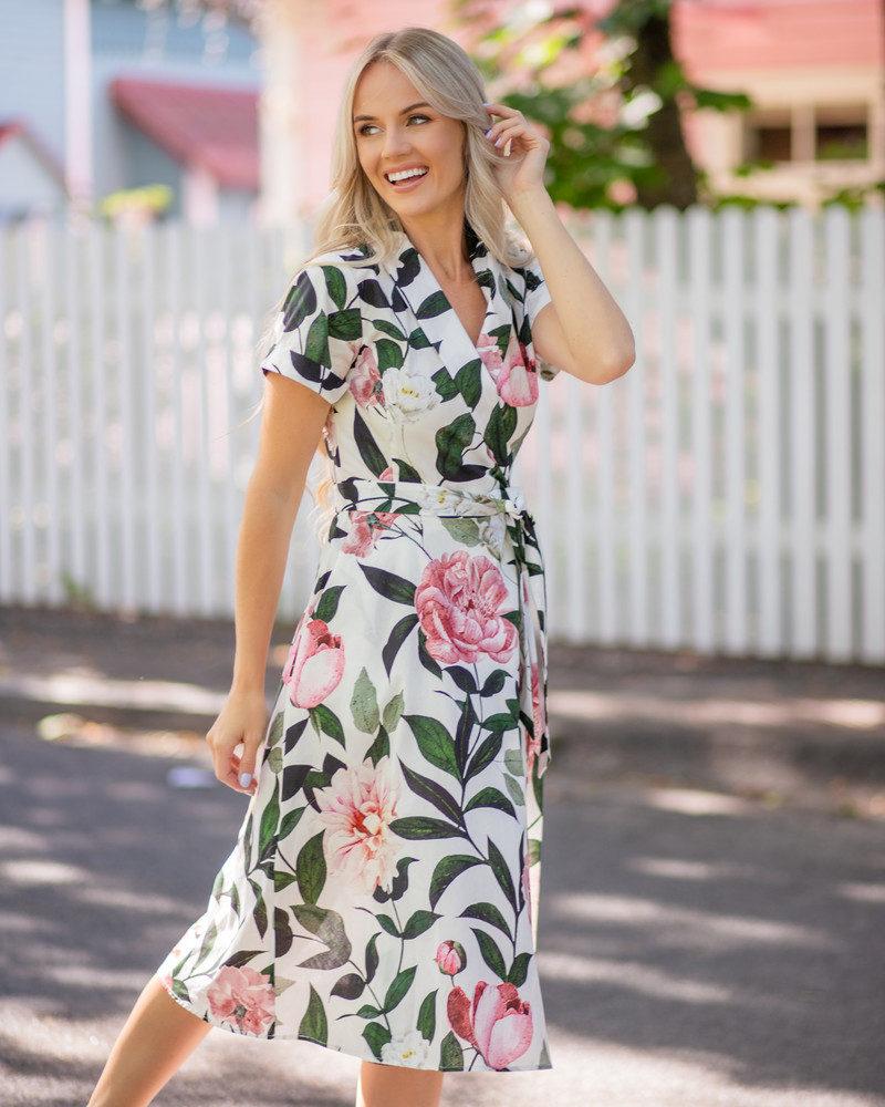 SUMMER MOON MOON MIDI DRESS PINK PEONY WHITE
