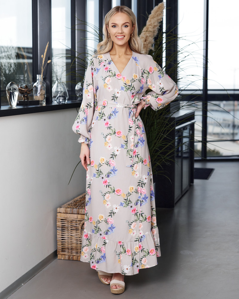 WRAP LONG DRESS FLOWER GREY