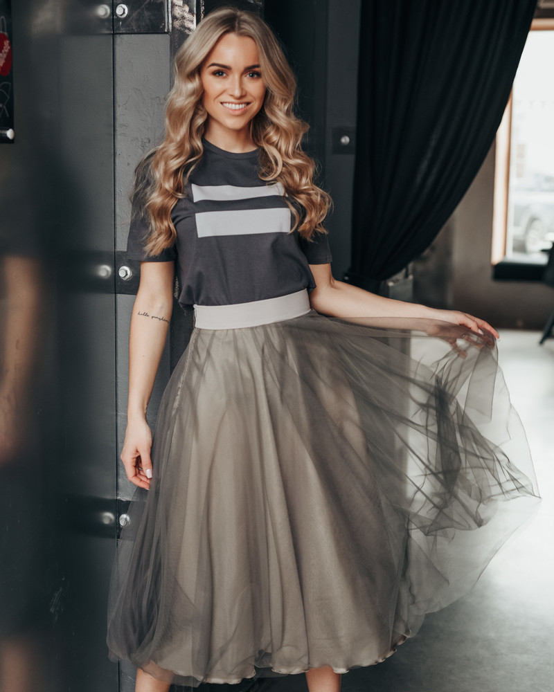 GREY MESH MIDI SKIRT
