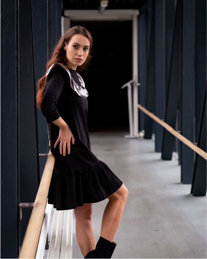 METALLIC LEATHER FRILL DRESS BLACK
