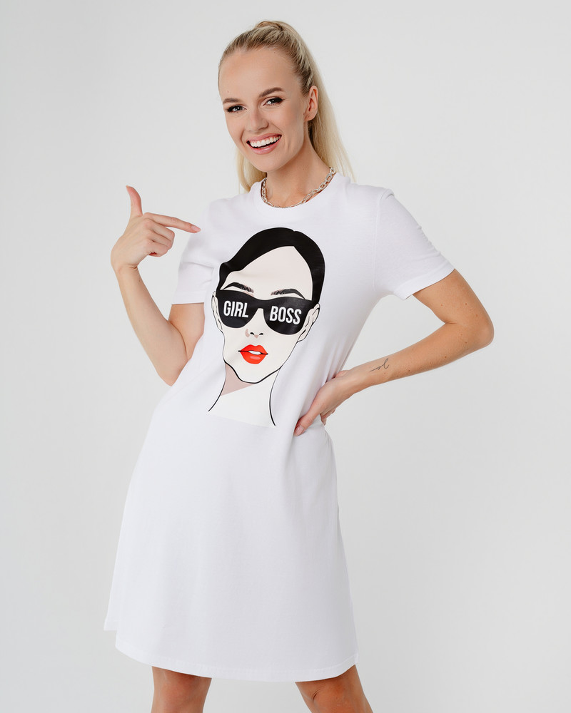GIRL BOSS PRINT DRESS WHITE