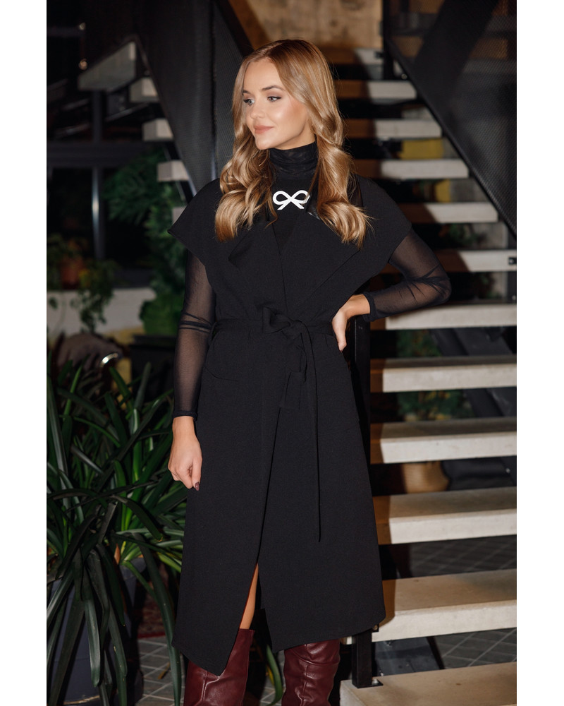 LEATHER COLLAR WRAP MIDI DRESS BLACK