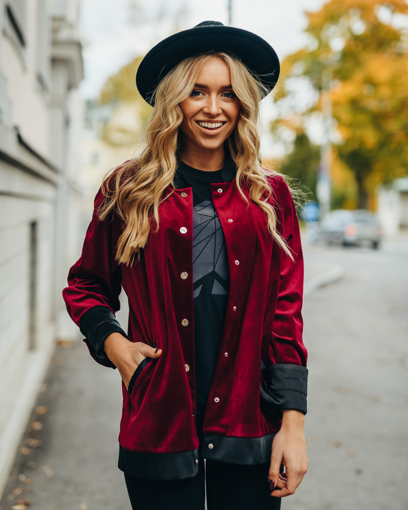 UNISEX BORDEAUX VELVET BOMBER JACKET
