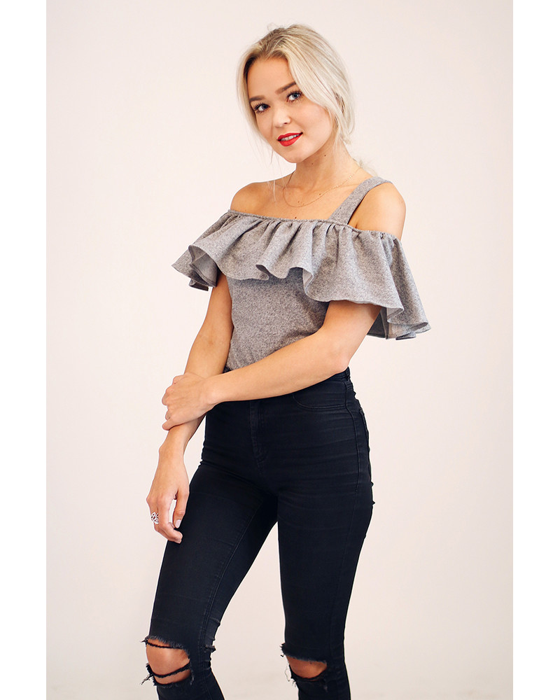GREY ASYMMETRIC FRILL TOP