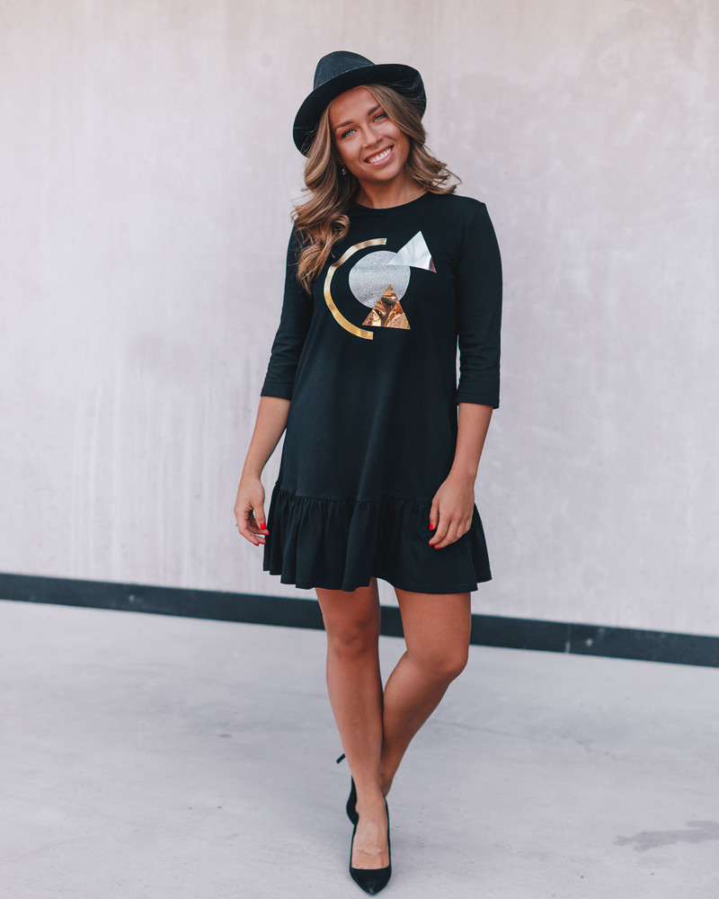 SPARKLE GOLD ABSTRACT FRILL DRESS BLACK
