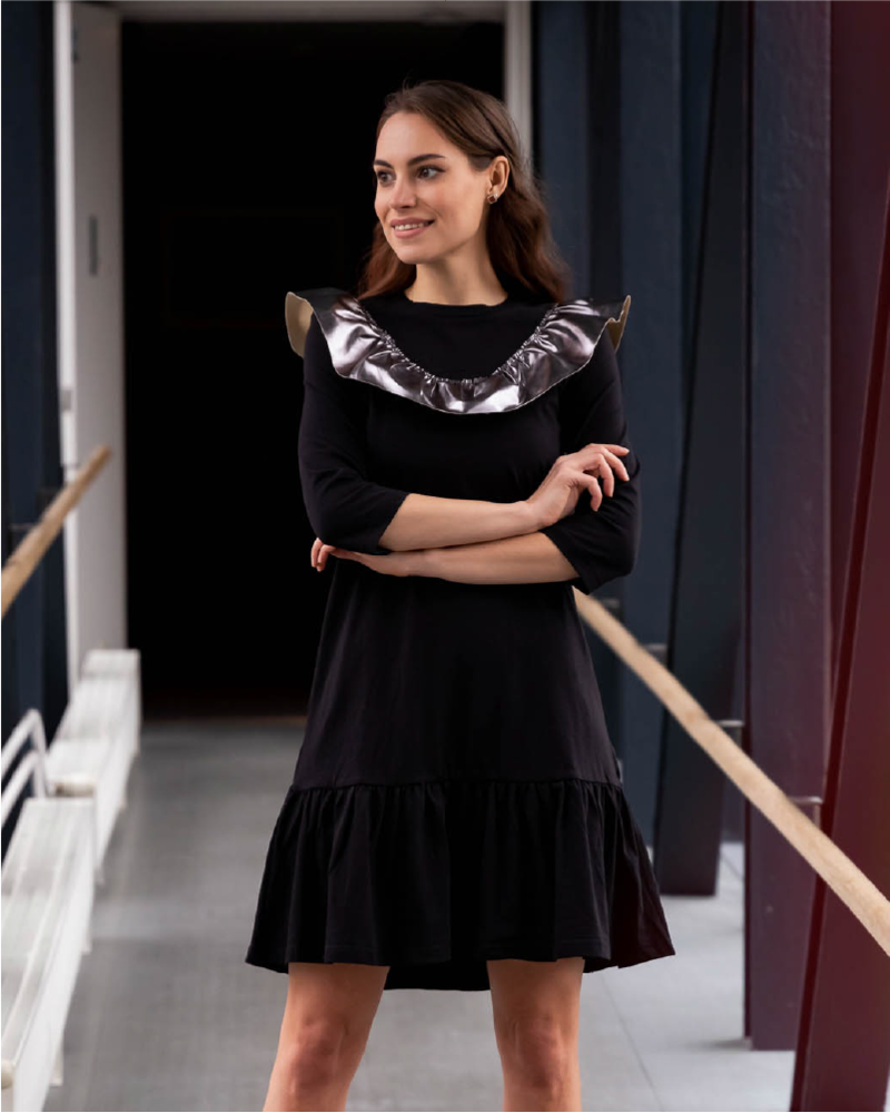 METALLIC LEATHER FRILL DRESS BLACK