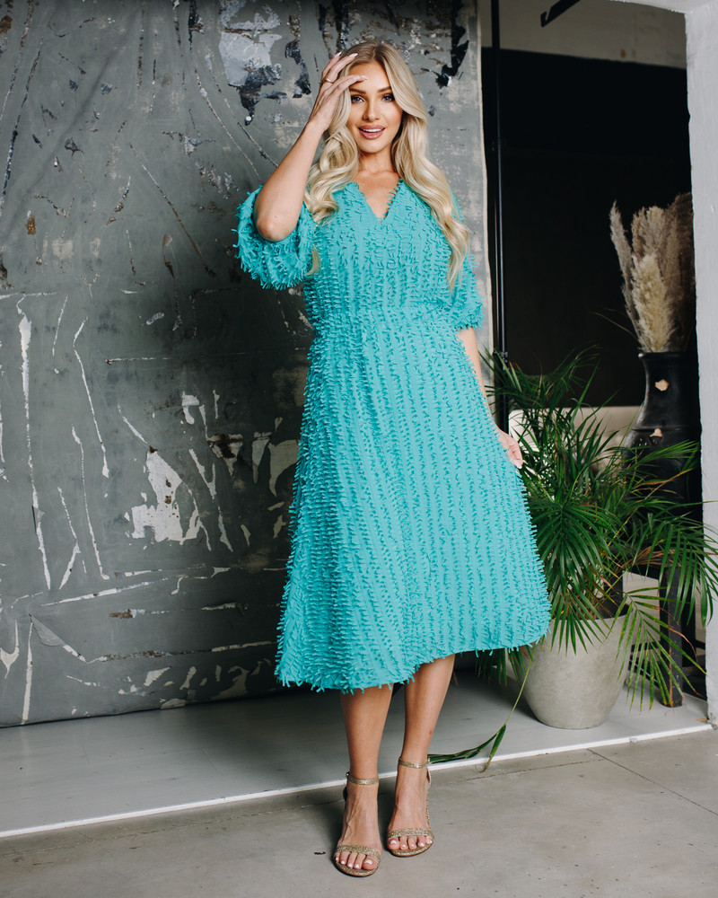 FRINGE PUFF SLEEVES MIDI DRESS MINT