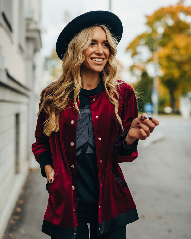 UNISEX BORDEAUX VELVET BOMBER JACKET