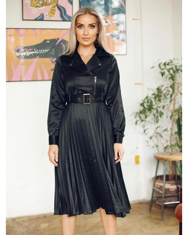 BIKER PLEATED MIDI DRESS BLACK
