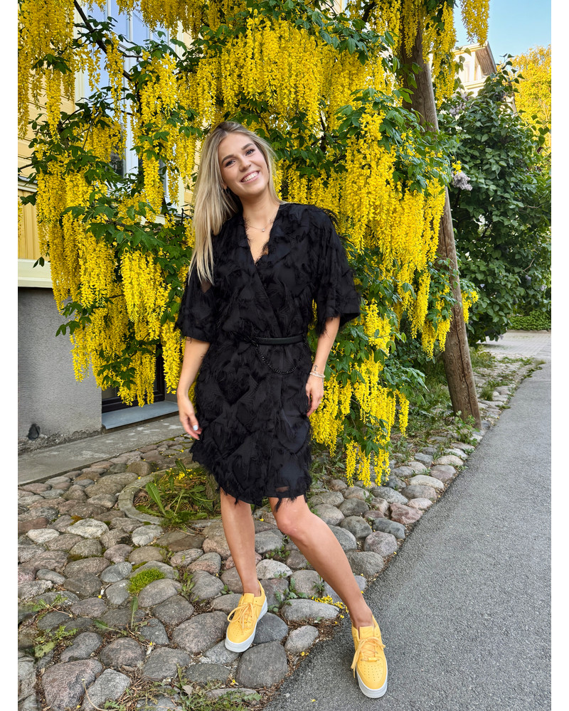KIMONO FRINGE DRESS BLACK
