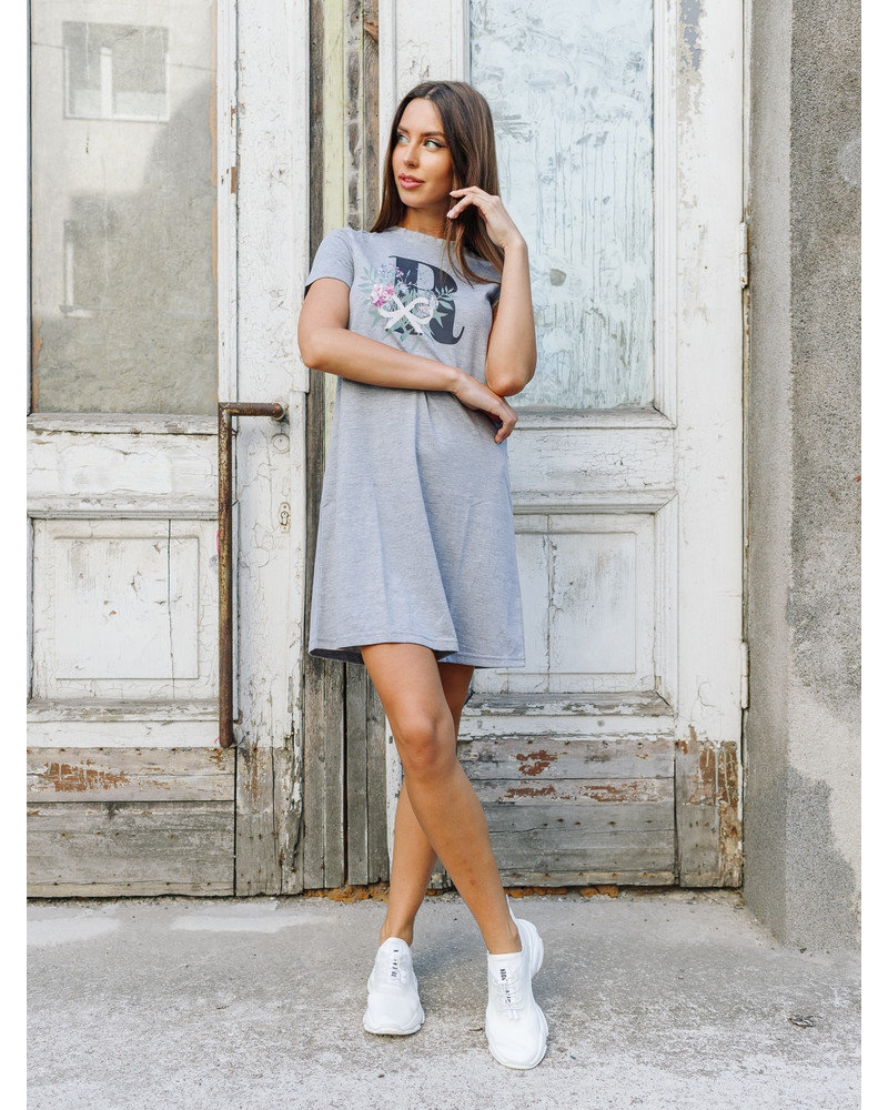FLORAL LETTER PRINT DRESS LIGHT GREY