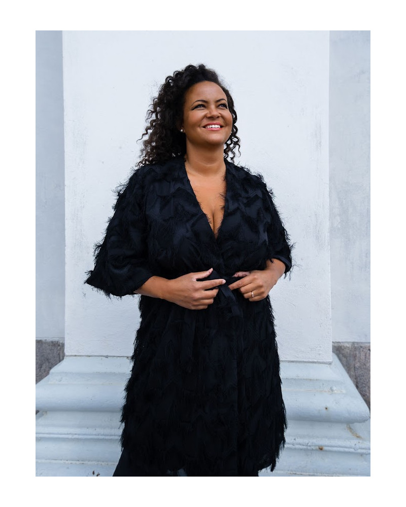 KIMONO FRINGE PLUS DRESS BLACK