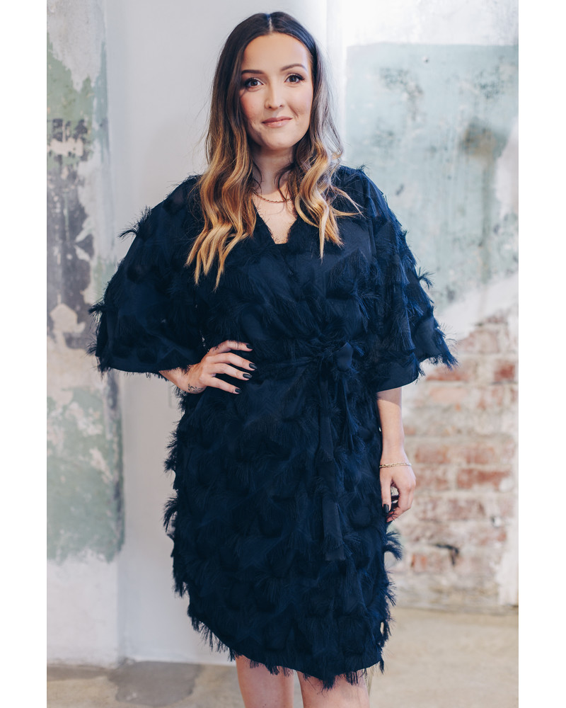 KIMONO FRINGE DRESS NAVY BLUE