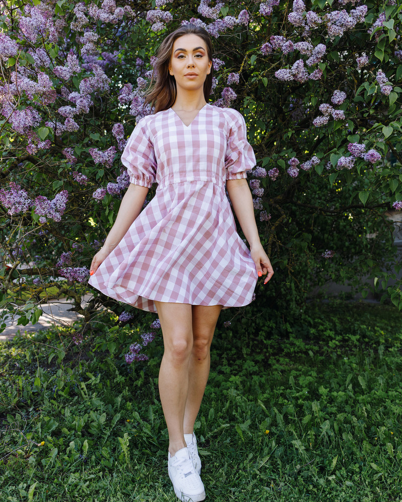 CHEQUERED PUFF CIRCLE DRESS MAUVE