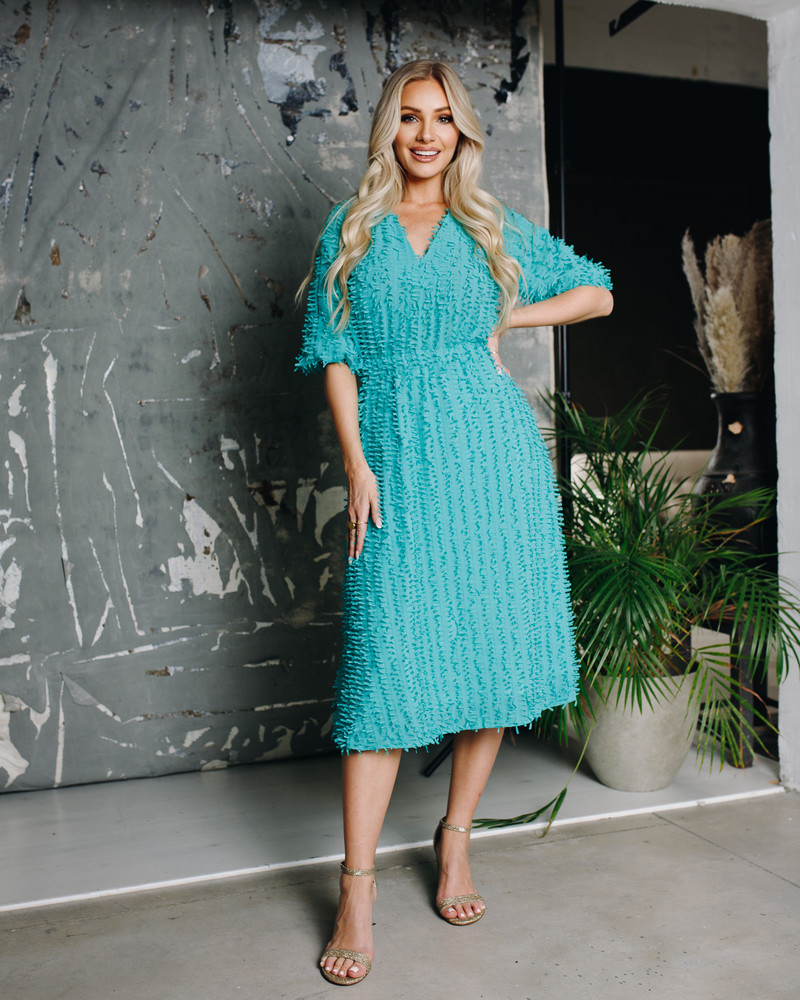 FRINGE PUFF SLEEVES MIDI DRESS MINT