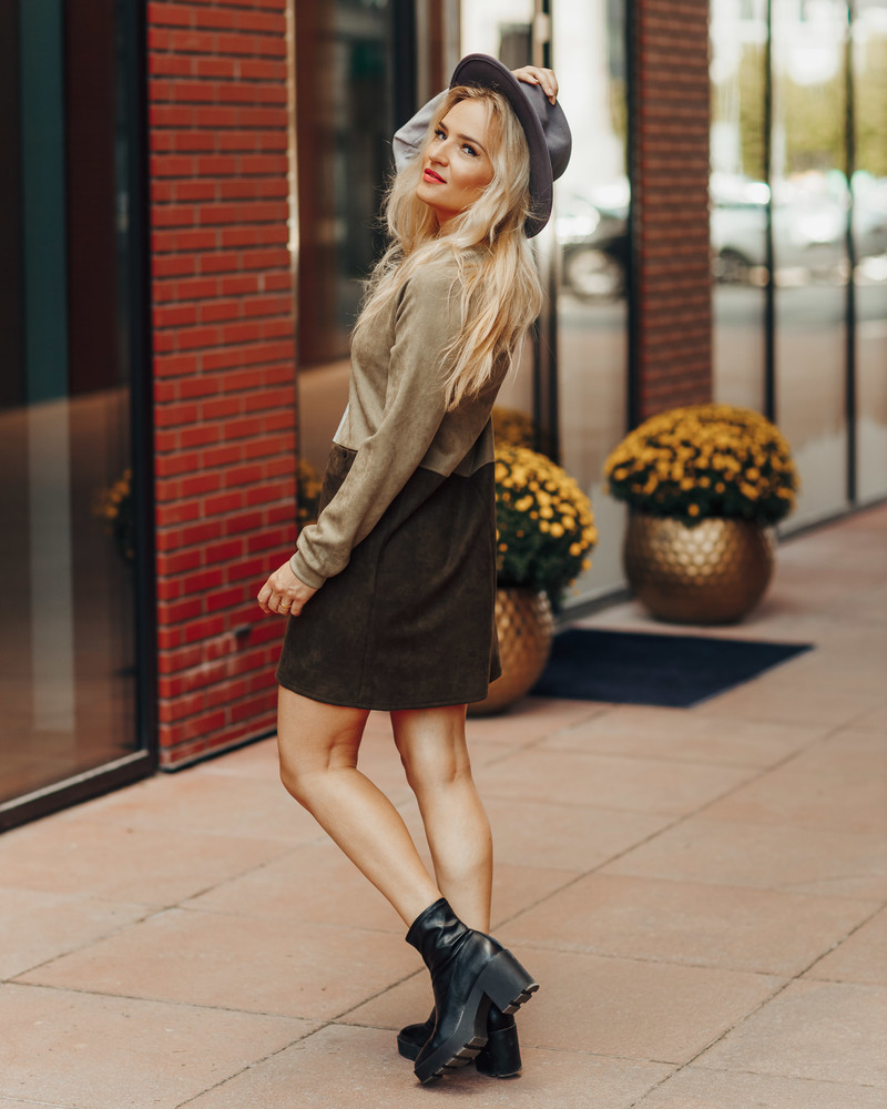 GEOMETRIC SUEDE DRESS GREY DARK GREEN