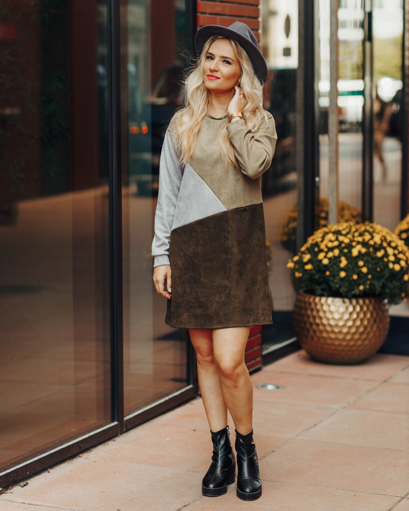 GEOMETRIC SUEDE DRESS GREY DARK GREEN