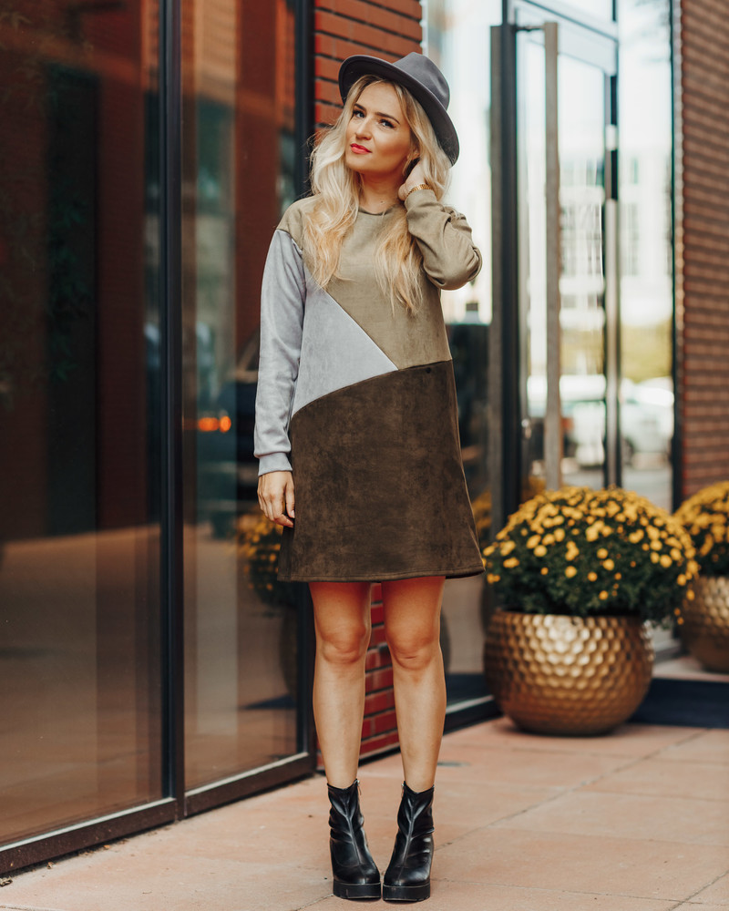 GEOMETRIC SUEDE DRESS GREY DARK GREEN