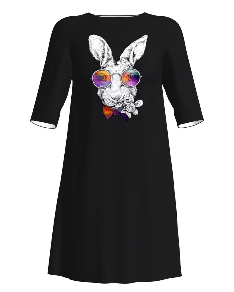 RABBIT WITH SUNGLASSES PRINT DRESS BLACK