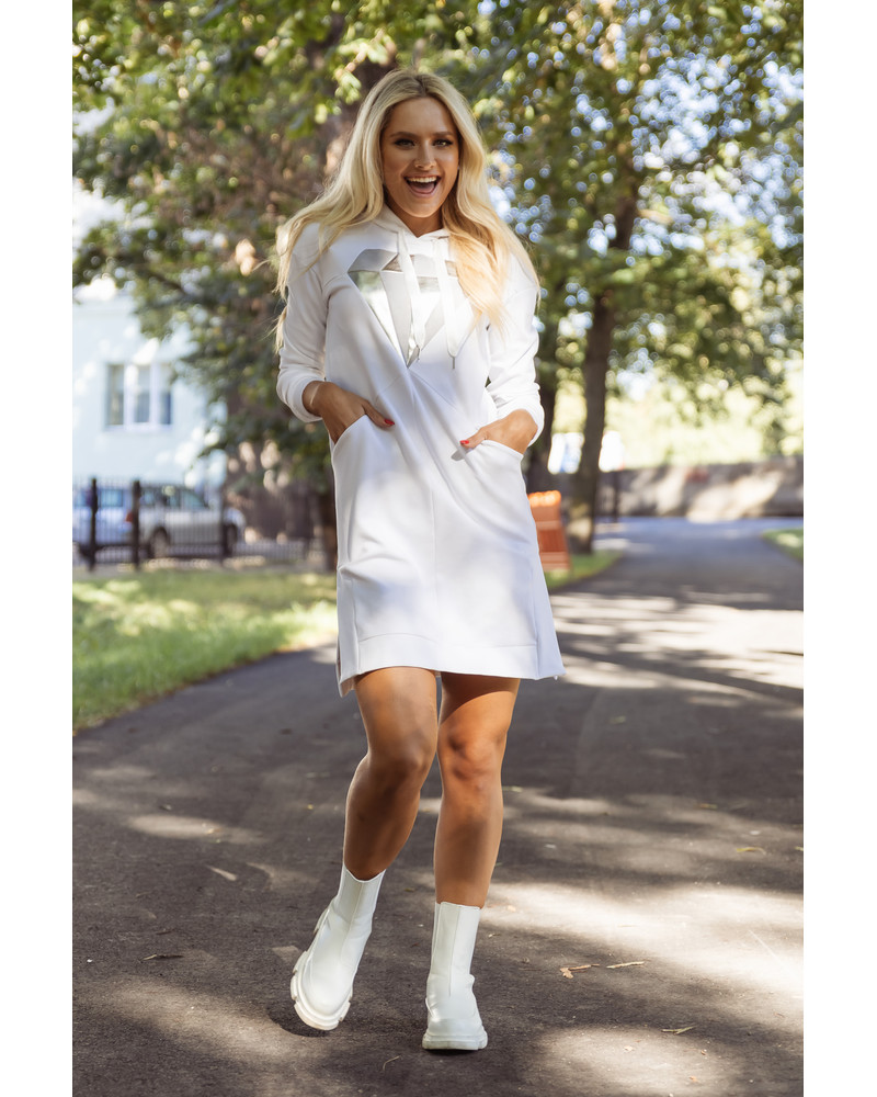 DIAMOND HOODED SWEATER DRESS WHITE