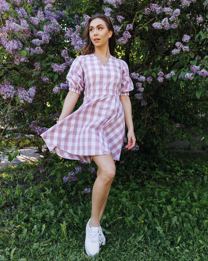 CHEQUERED PUFF CIRCLE DRESS MAUVE
