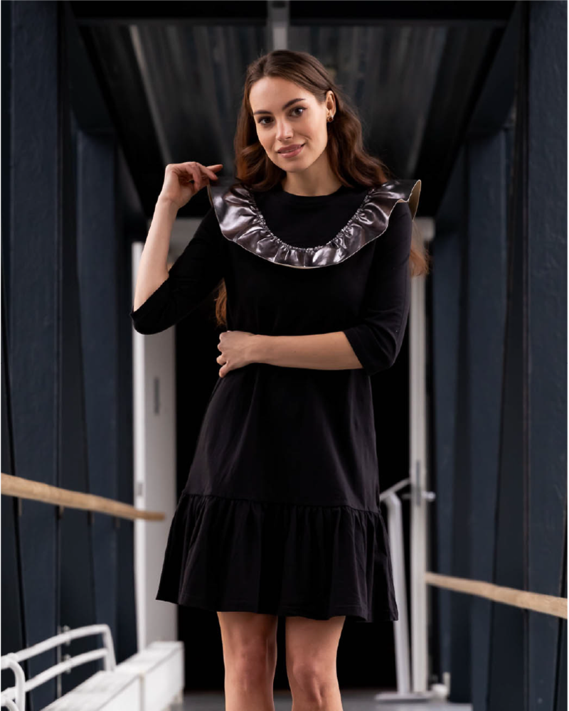 METALLIC LEATHER FRILL DRESS BLACK
