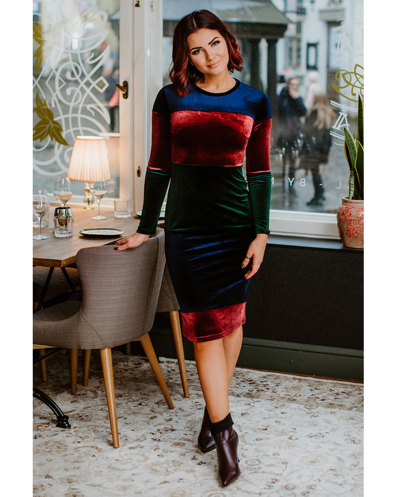 BLOCKS DRESS  VELVET BLUE PURPLE GREEN