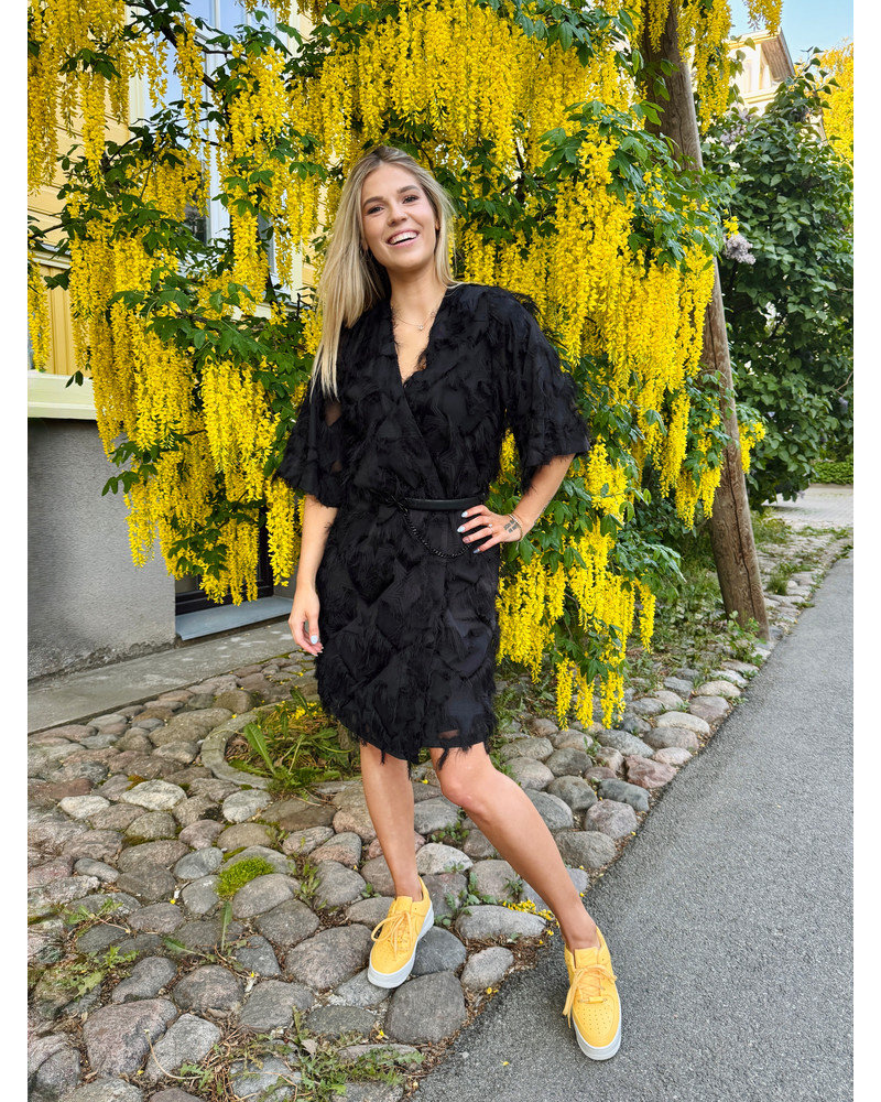 KIMONO FRINGE DRESS BLACK
