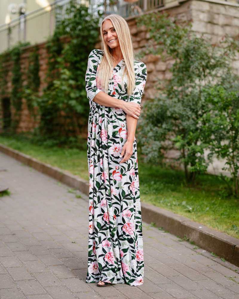PINK PEONY MAXI ELEGANT DRESS AQUA