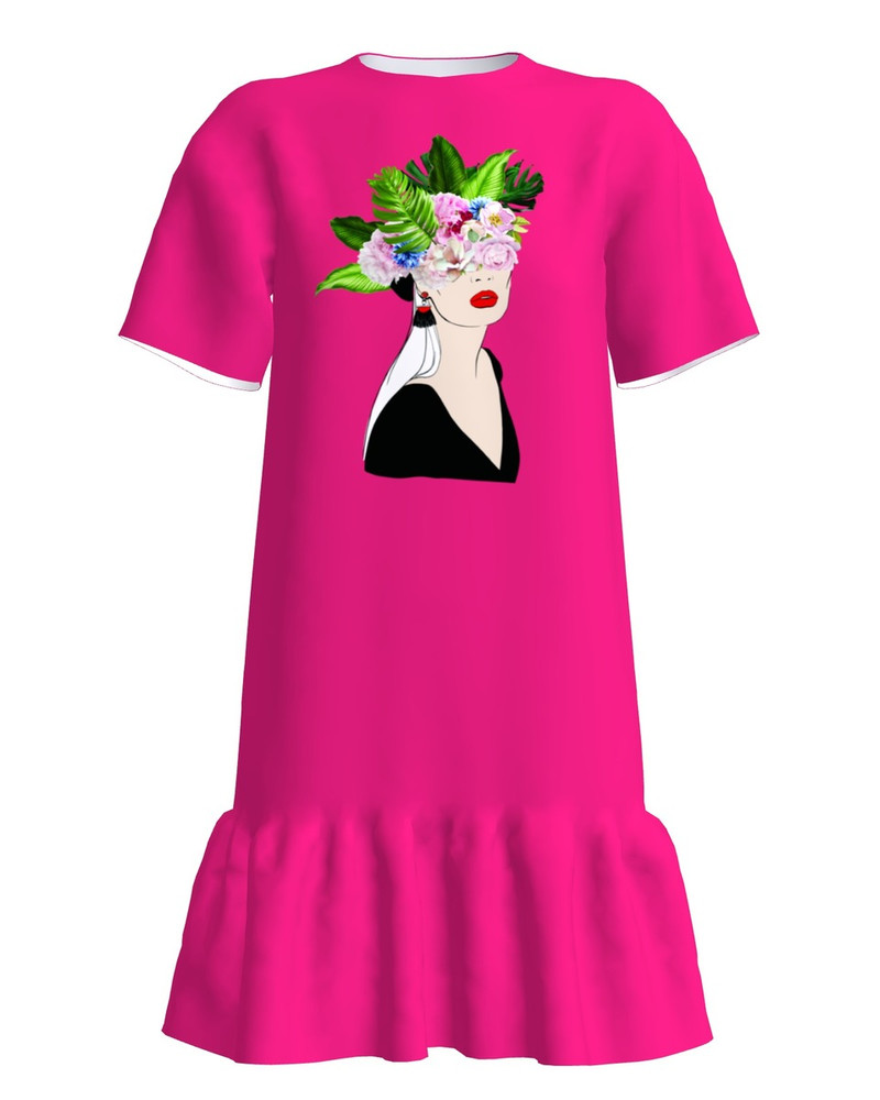 FLORAL HEAD FRILL DRESS FUCHSIA