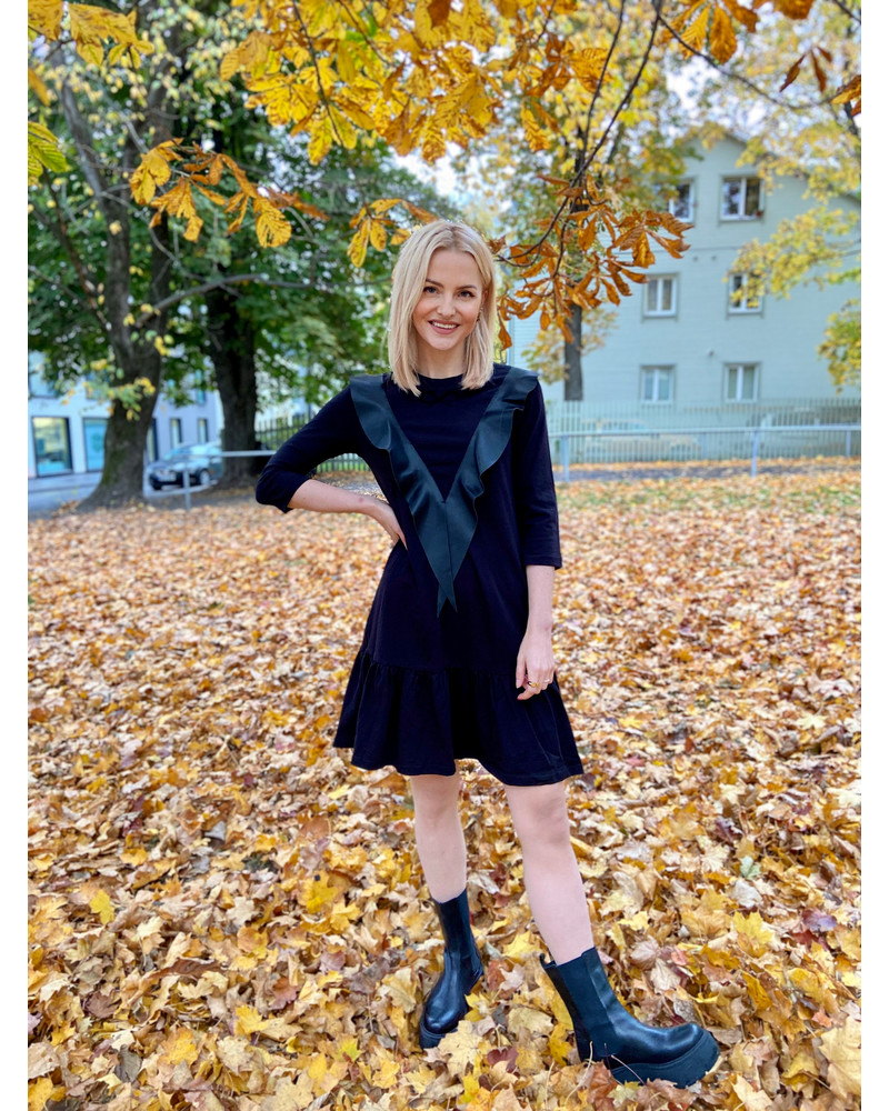 LEATHER BOW FRILL DRESS BLACK