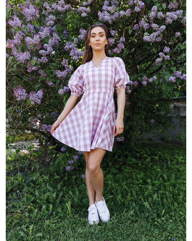 CHEQUERED PUFF CIRCLE DRESS MAUVE
