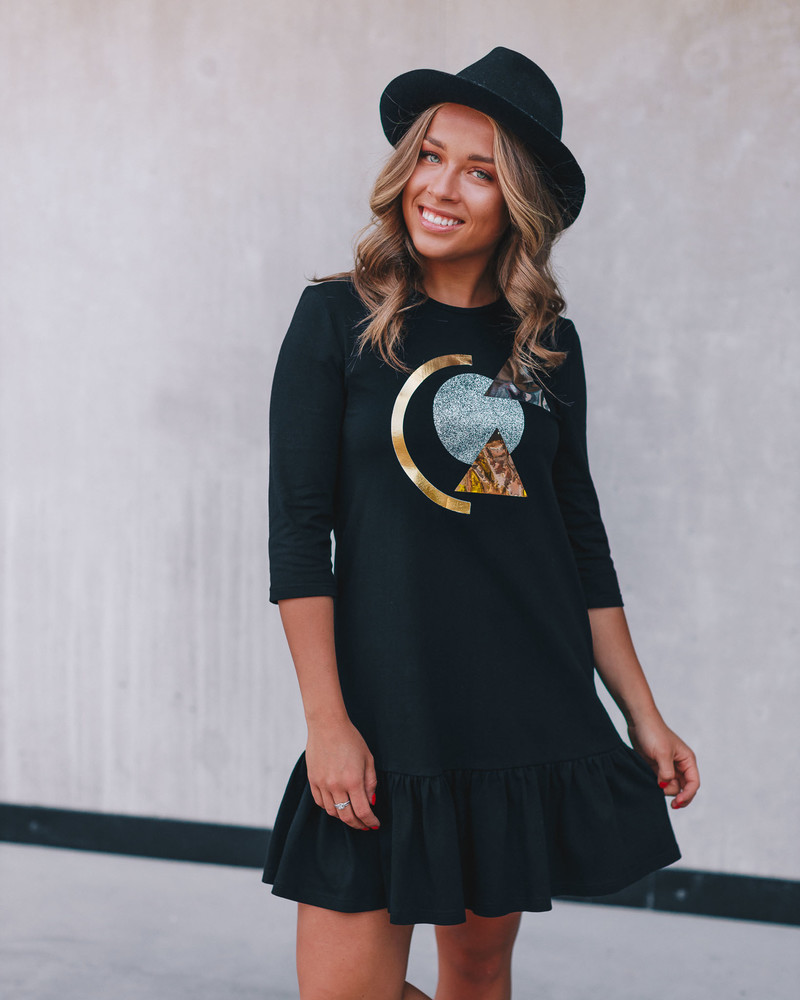 SPARKLE GOLD ABSTRACT FRILL DRESS BLACK