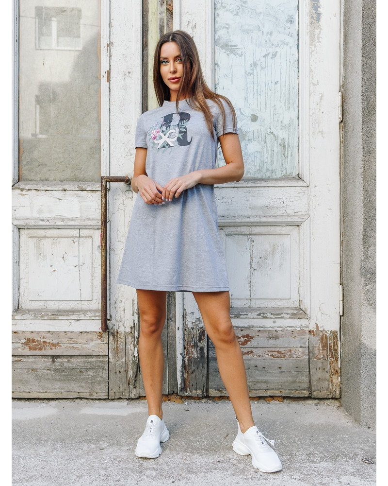 FLORAL LETTER PRINT DRESS LIGHT GREY