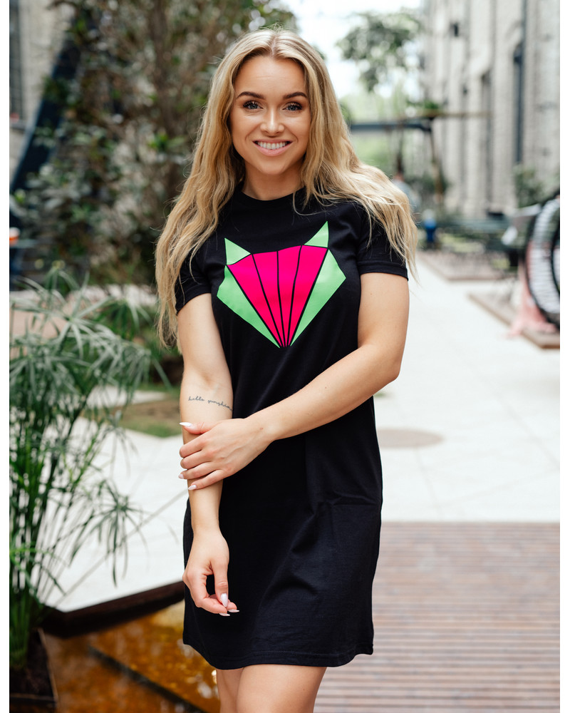 BRIGHT FOX PRINT DRESS BLACK