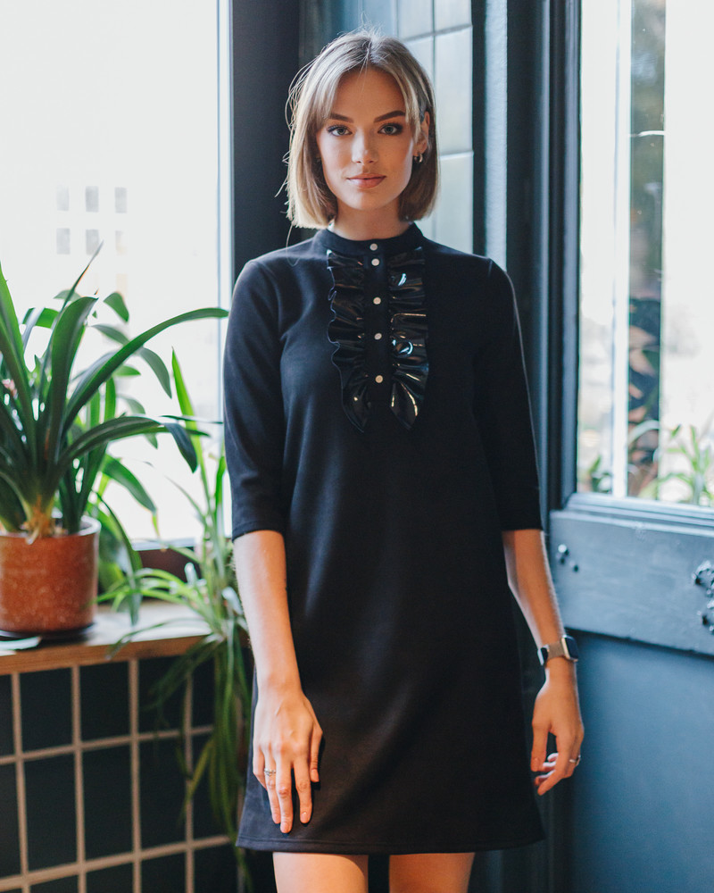 LATEX FRILL LINE DRESS SUEDE BLACK