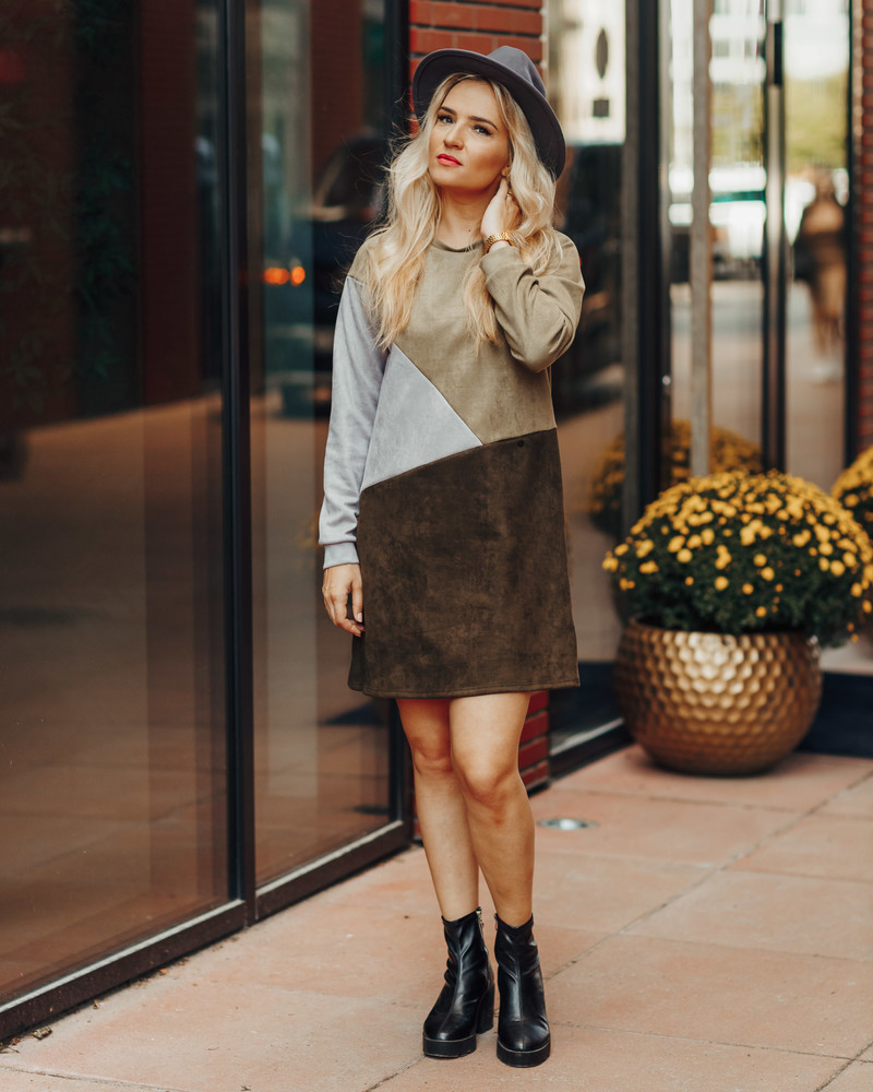 GEOMETRIC SUEDE DRESS GREY DARK GREEN