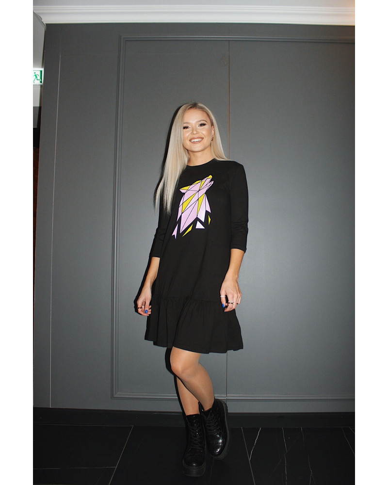 COLOR ABSTRACT WOLF FRILL DRESS BLACK