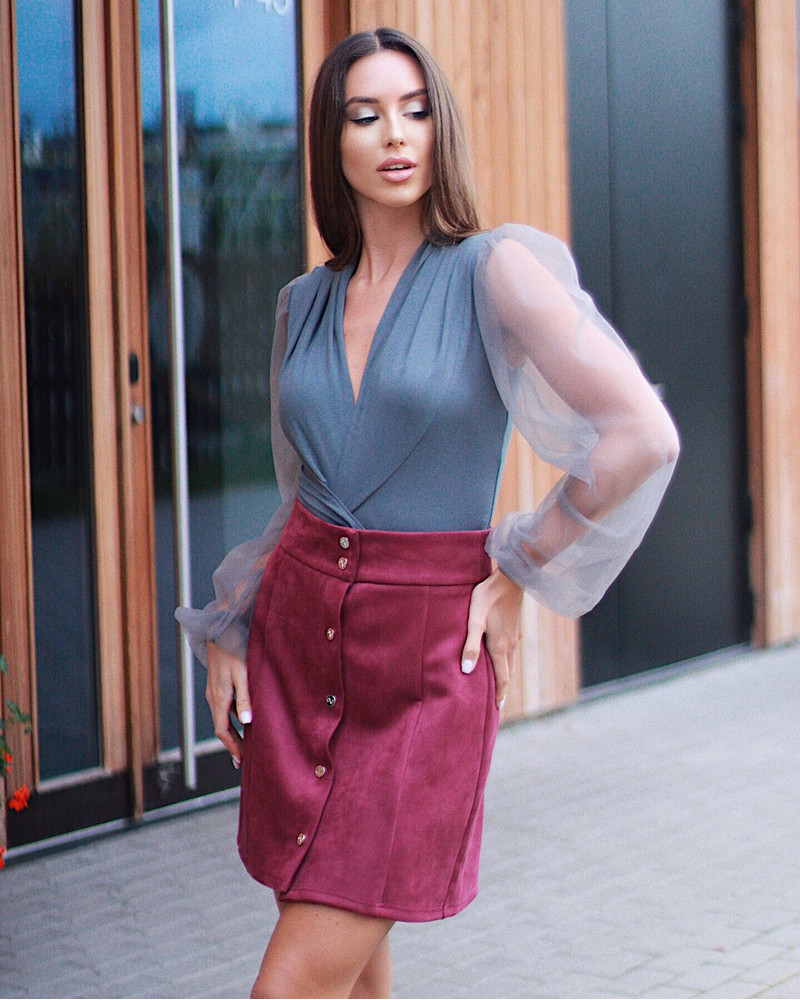 GREY BODY WITH LONG MESH SLEEVES