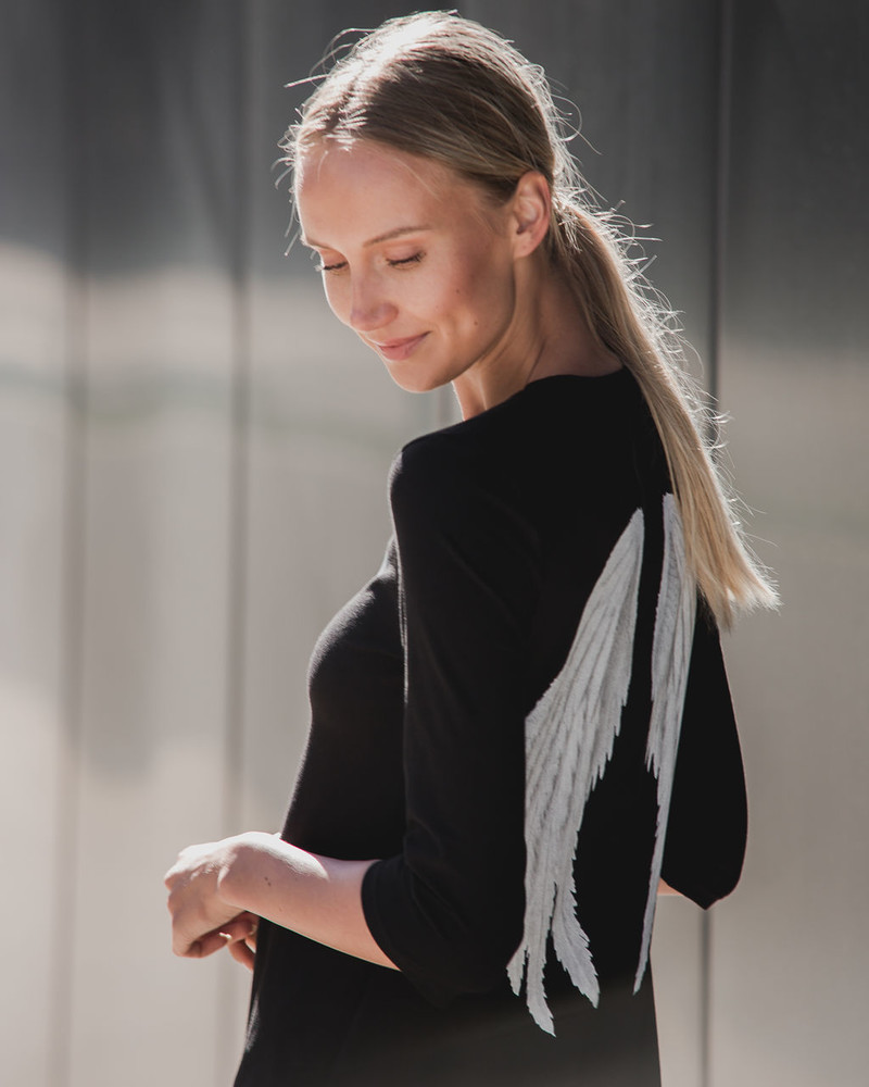 ANGEL PRINT FRILL DRESS BLACK